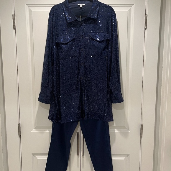 Isaac Mizrahi sequin oversize shirt & pants in navy,  Ladies 2X - Picture 9 of 9